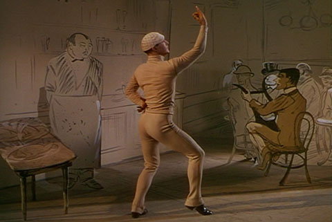 Gene Kelly posed like a figure in a Lautrec sketch, at the beginning of the dance sequence in American in Paris